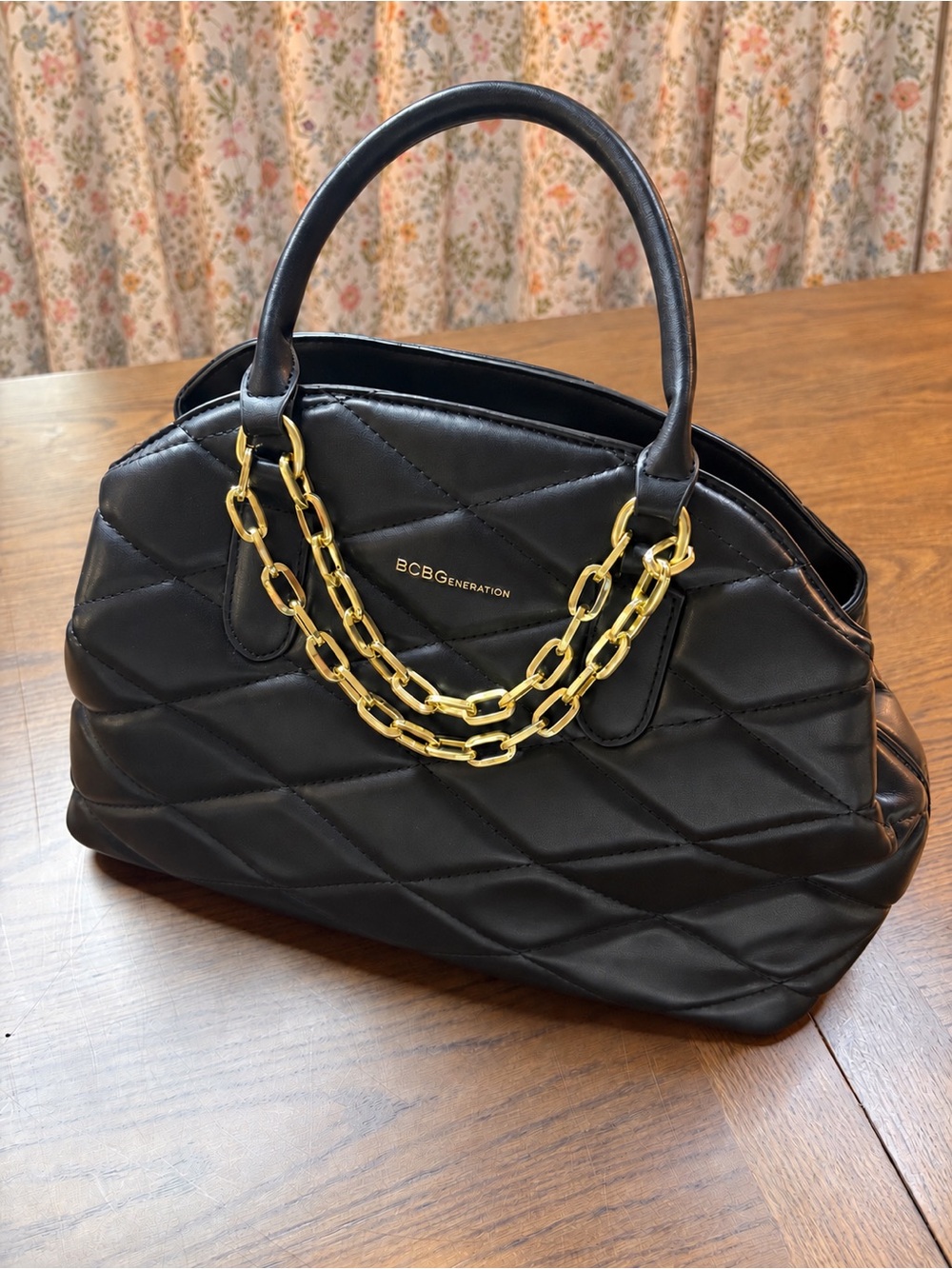 BCBGeneration Quilted Black Top-Handle Bag with Gold Chain #374CL